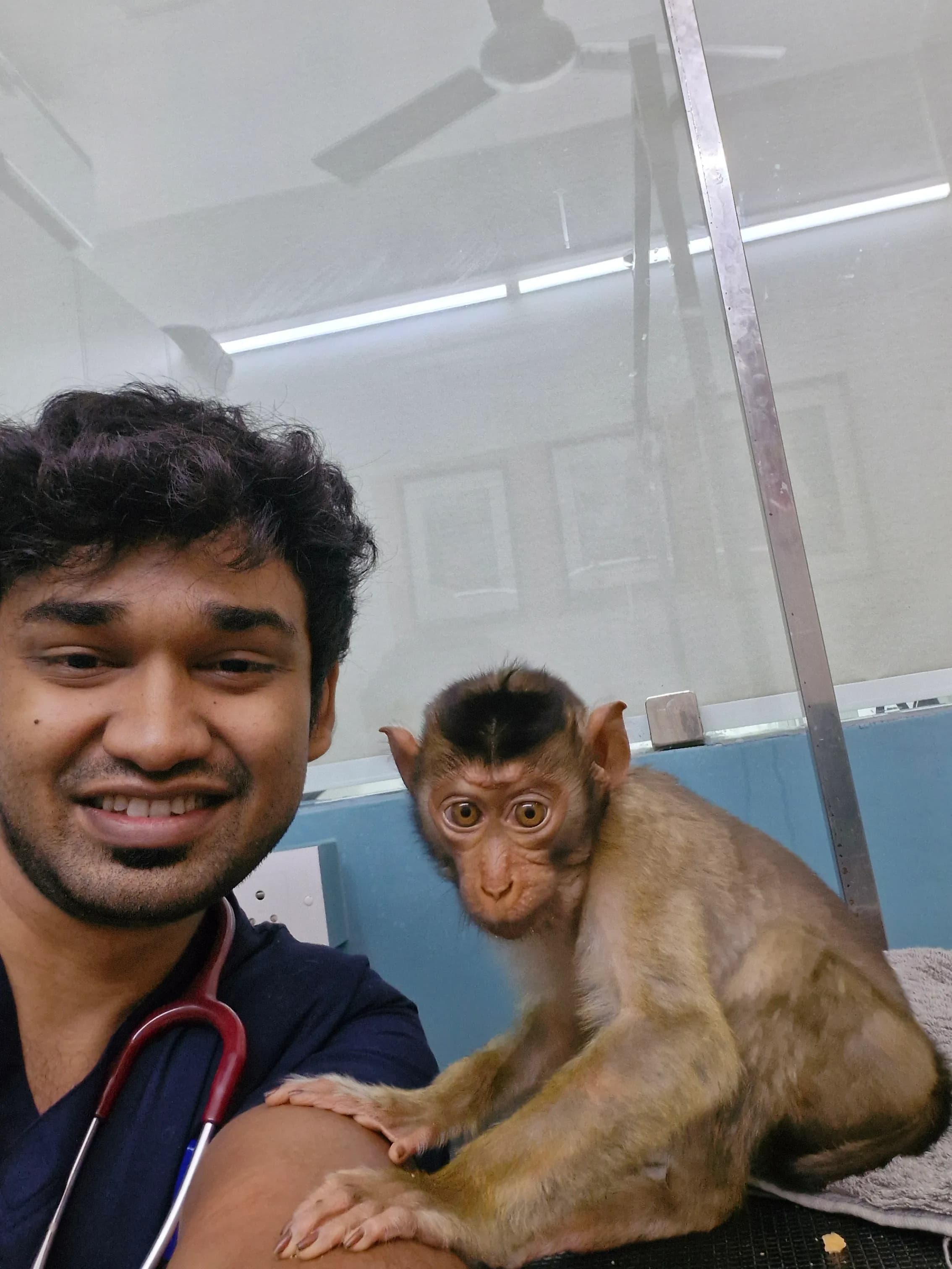 Dr. Sugan with a small primate patient at Lakshmi Animal Care Clinic